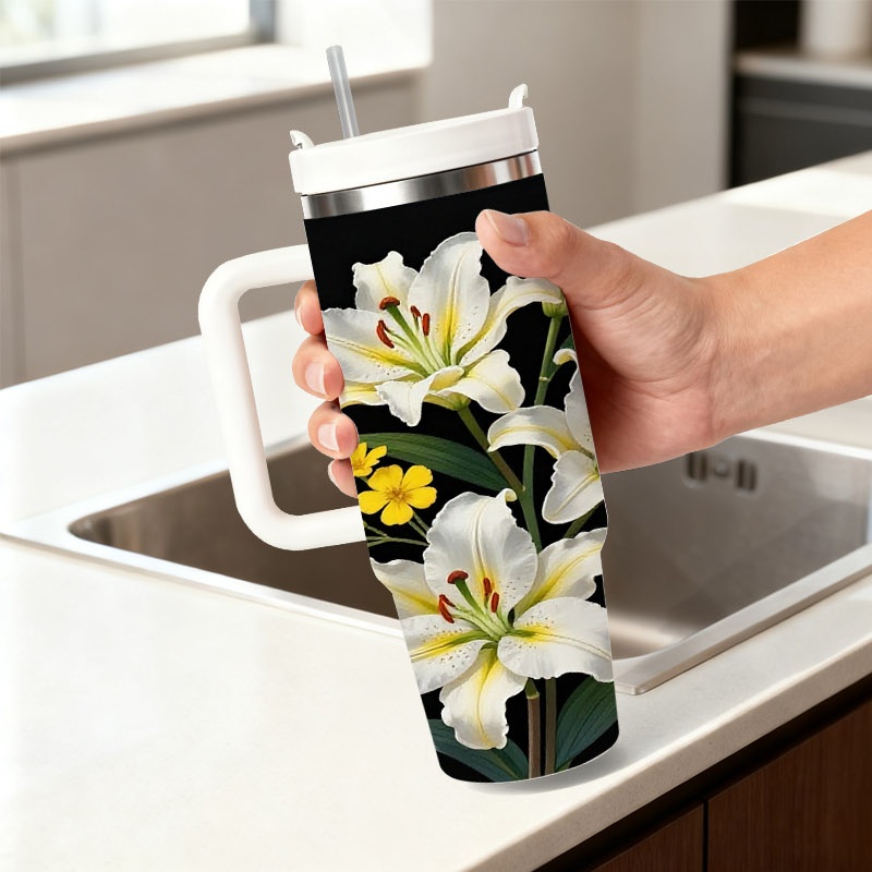 Sublimation Mug White - 40Oz Edelstahl-Doppelwand-Isolierbecher mit Griff und Strohhalm,